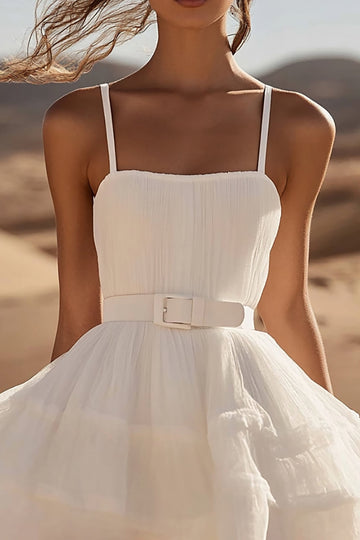 White Organza Spaghetti Straps A Line Tiered Graduation Dress